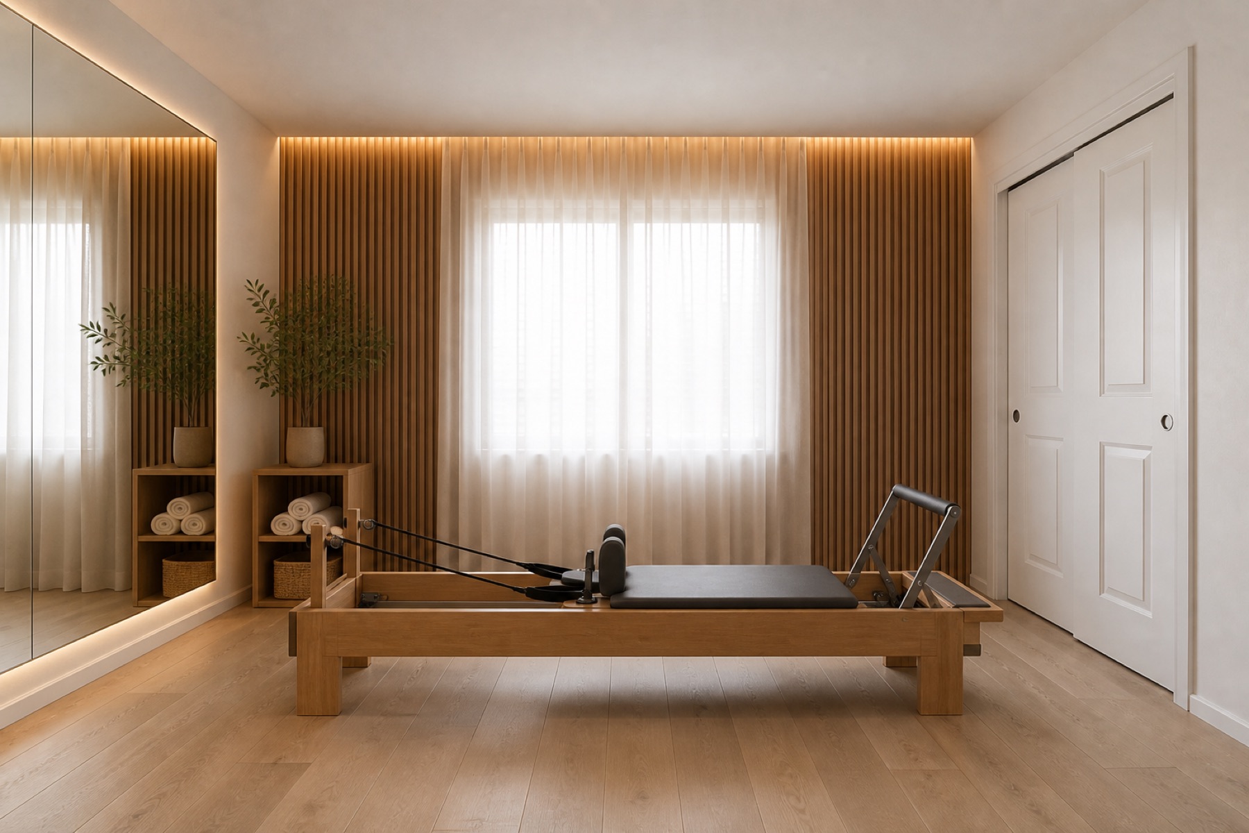 The same bedroom transformed into a Pilates studio with oak floors and a mirror wall