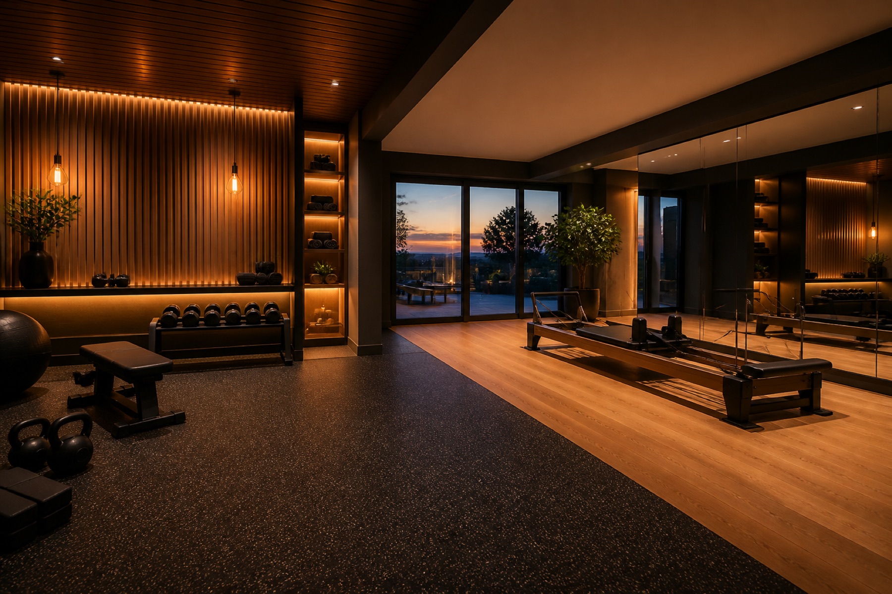 Finished home fitness and wellness studio at dusk